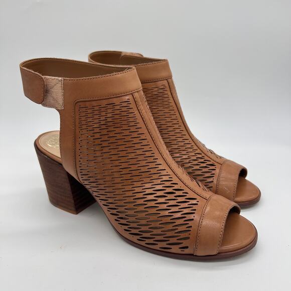 Vince Camuto Shoes - Vince Camuto Lavette Brown Perforated Peep Toe Bootie Block Heel Sandals size 9